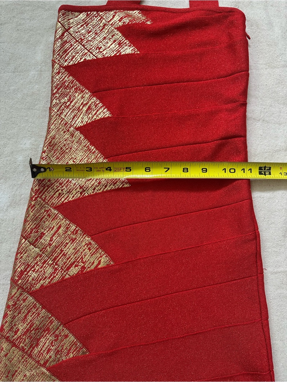 Bebe Addiction Red/Gold Foil Bandage Mini Dress Halter Neck Asymmetrical Hem XS - Picture 7 of 11